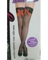 Medias de red hasta el muslo con silicona con encaje y moño