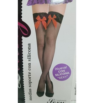 Medias de red hasta el muslo con silicona con encaje y moño