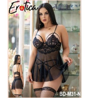 Babydoll transparente con bralette de encaje entero y tanga a juego