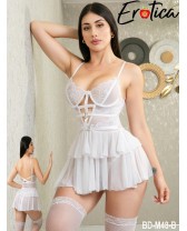 Babydoll de copa armada tipo vestido con tanga y medias BLANCO