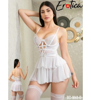 Babydoll de copa armada tipo vestido con tanga y medias BLANCO