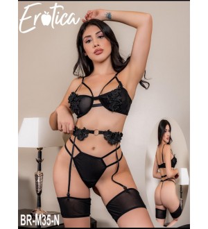 Conjunto de lencería con portaligas con detalle de rosas NEGRO