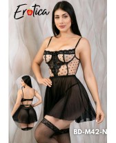 Babydoll negro sensual de malla transparente con motas