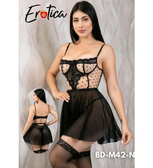 Babydoll negro sensual de malla transparente con motas