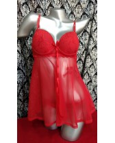 Babydoll de malla y copa armada con encaje Rojo