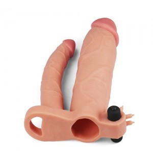 Funda o extensión de pene con dildo para doble penetración Pleasure X Tender Vibrating Double Penis Sleeve Clear