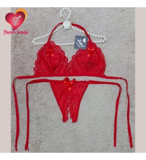 Conjunto de lencería de encaje de 2 piezas: Bralette + tanga abierta