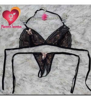 Conjunto de lencería de encaje de 2 piezas: Bralette + tanga abierta