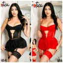Conjunto de Body y mini falda y ligueros de pierna