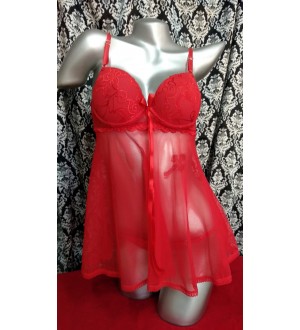 Babydoll de malla y copa armada con encaje Rojo