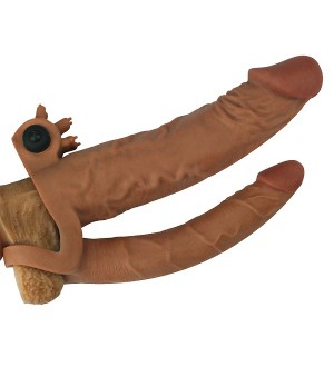 Funda o extensión de pene con dildo para doble penetración Pleasure X Tender Vibrating Double Penis Sleeve